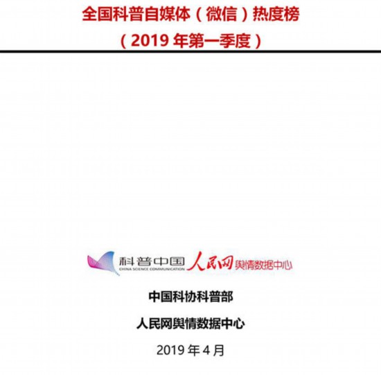 2019年第一季度全国科普自媒体（微信）热度榜发布
